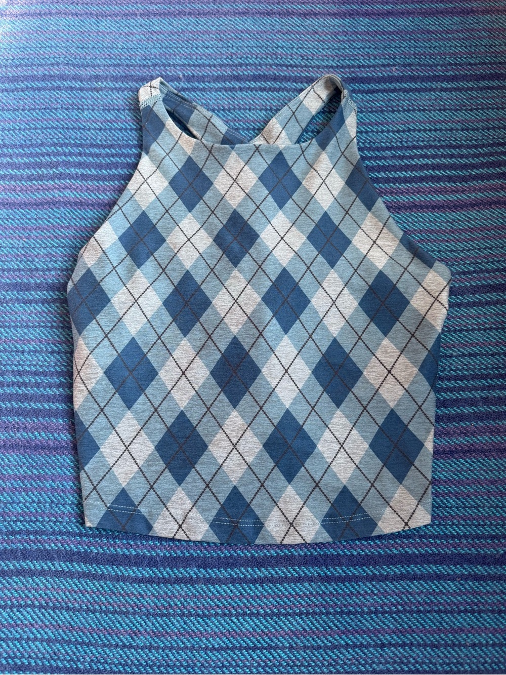 Beyond Yoga Blue Argyle High Neck Athletic Crop Top